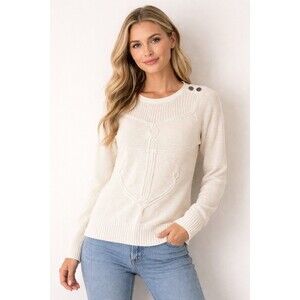 Talbots Sweater Womens M Cable Knit Sweater Ivory Button Shoulder Anchor Cotton